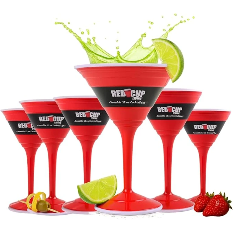 Reusable Red Plastic Cocktail Glasses with Stem, 12oz, Unique Drinking Glasses for Parties, Durable Champagne Flutes, Sturdy Stem Glass for Wine, Elegantes Copas De Vino, Pack of 6
