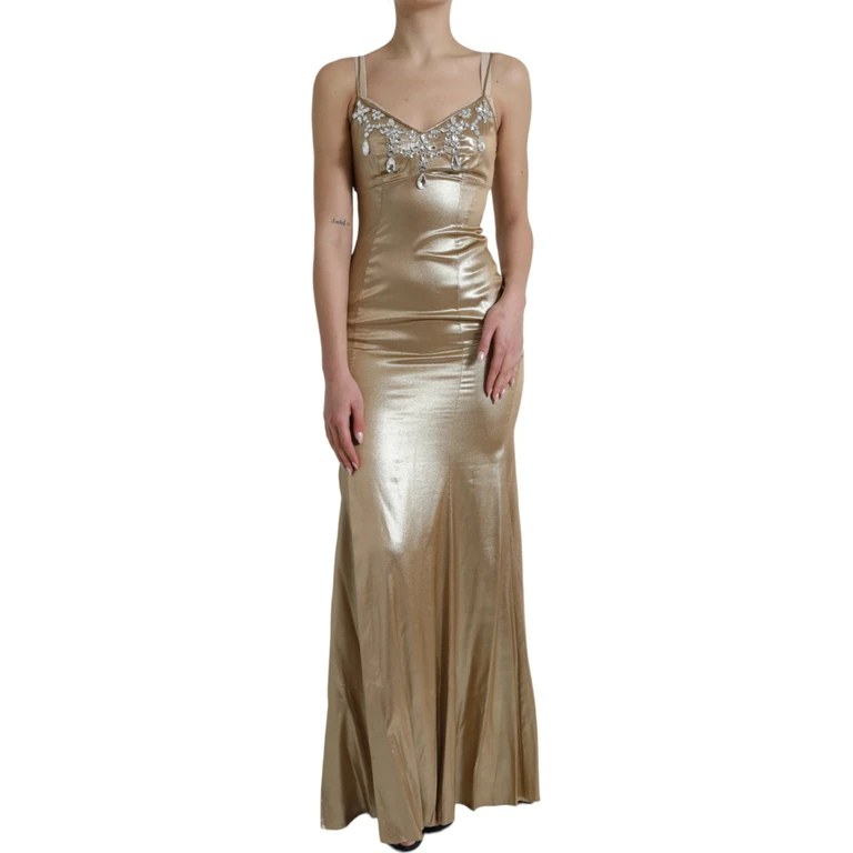 Dolce & Gabbana Metallic Gold Crystal Embellished Gown Dress Silk Real Brass - Women