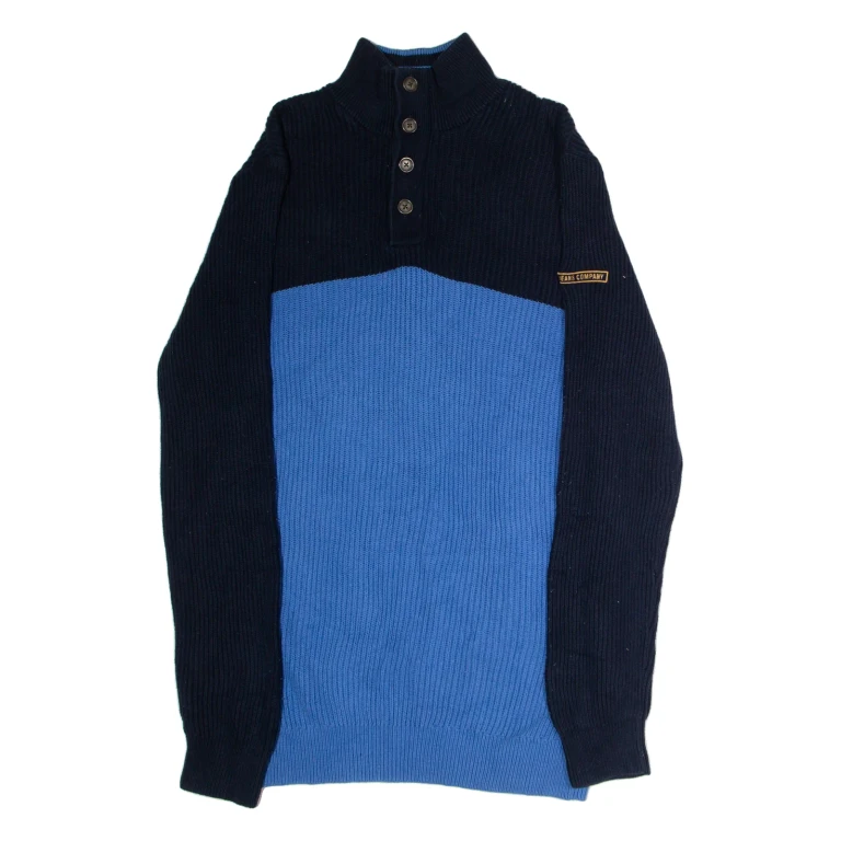 NAUTICA Mens Patterned Jumper Blue Colourblock Button Neck Chunky Knit XL