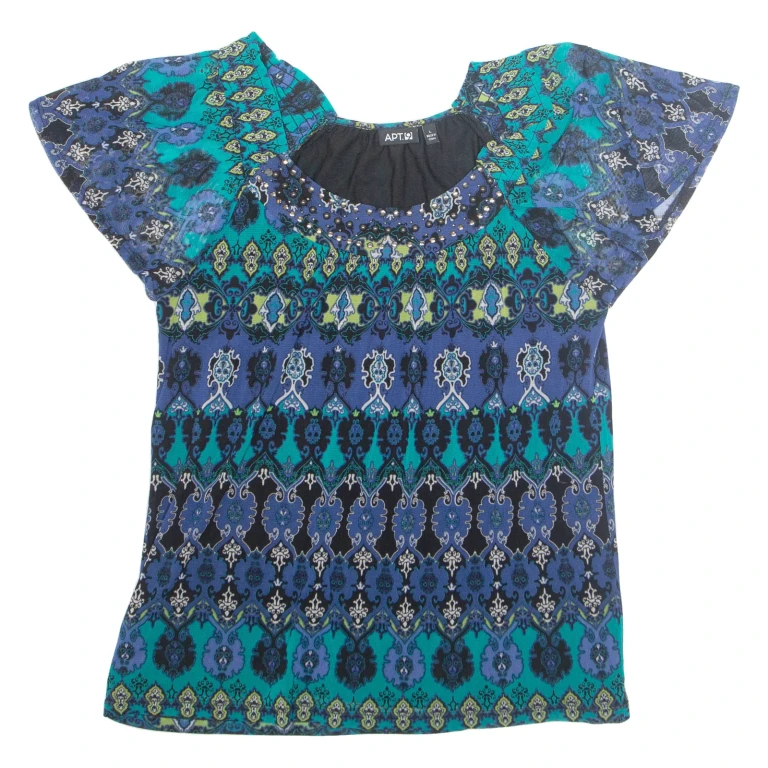 APT 9 Womens Printed Blouse Blue Nylon Crazy Pattern L