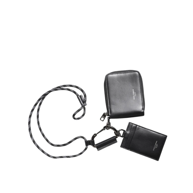 Dolce & Gabbana Black Leather Lanyard Zip Around Card Holder Wallet - Men