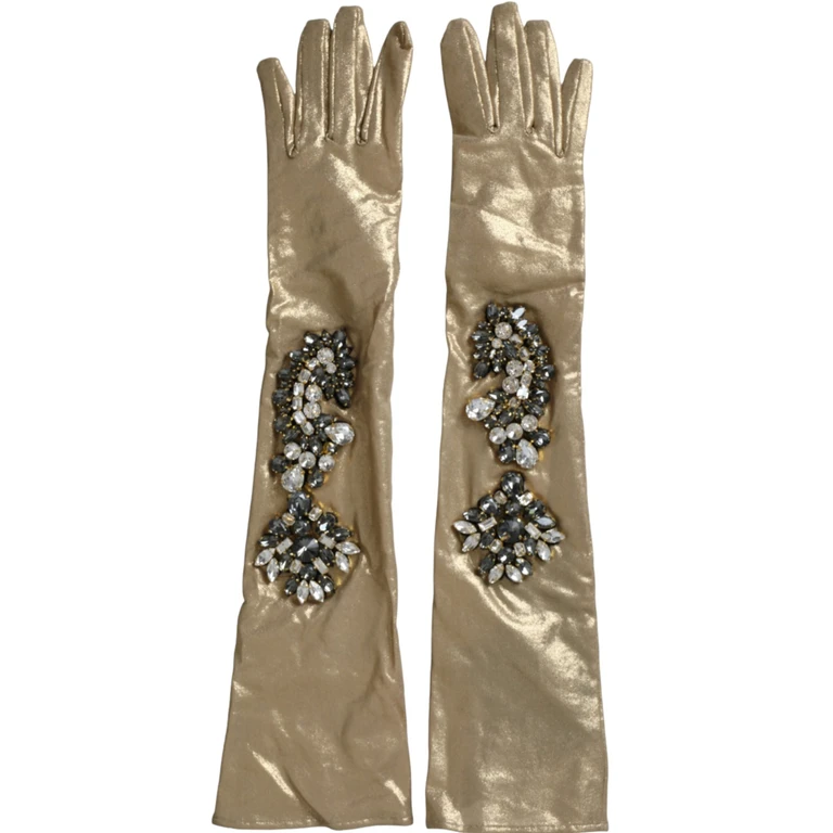 Beige Satin Crystal Elbow Length Gloves Nylon Elastane - Women