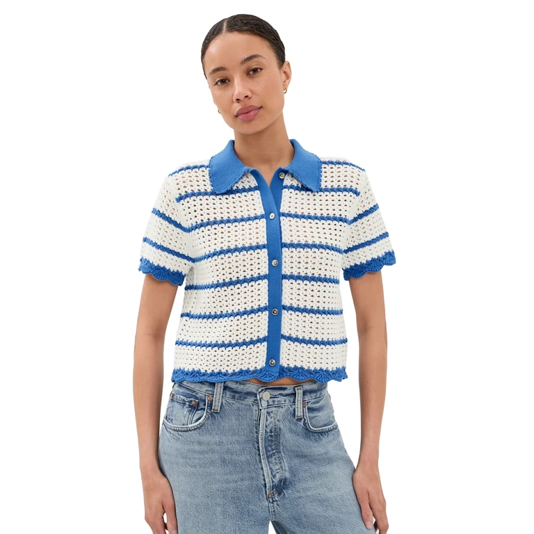 ALICE + OLIVIA Randall Pointelle Polo Cardigan Blue Iris/White L