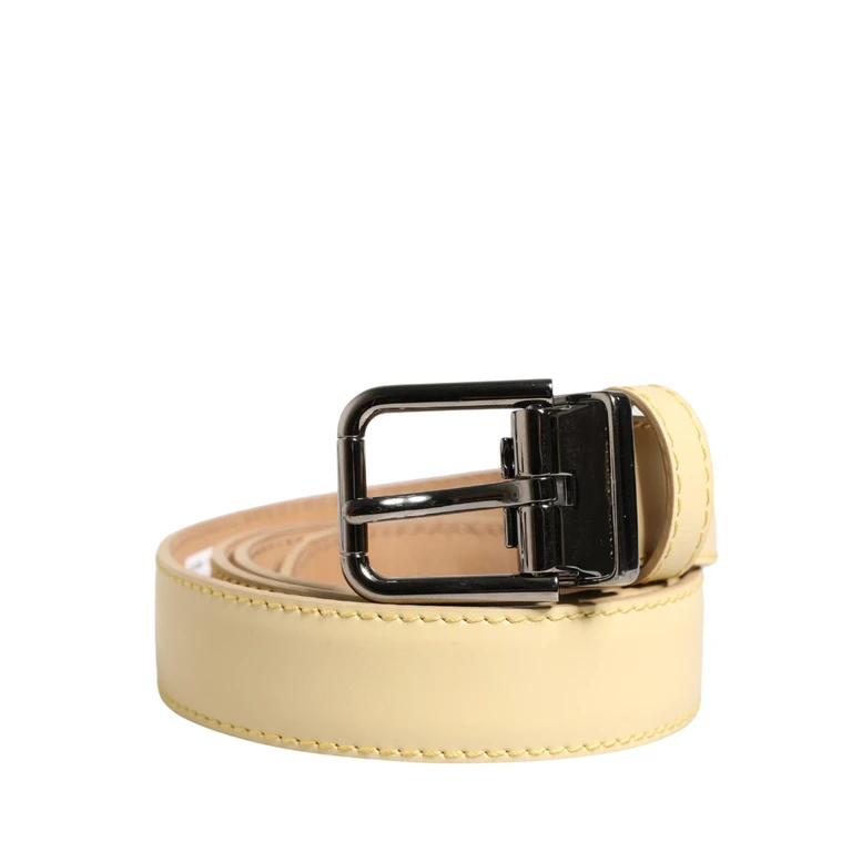 Men Yellow Classic Leather Metal Buckle Belt Calf - Men
