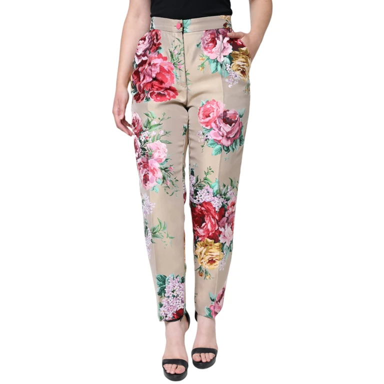 Dolce & Gabbana Beige Floral Jacquard High Waist Tapered Pants Polyester Silk - Women