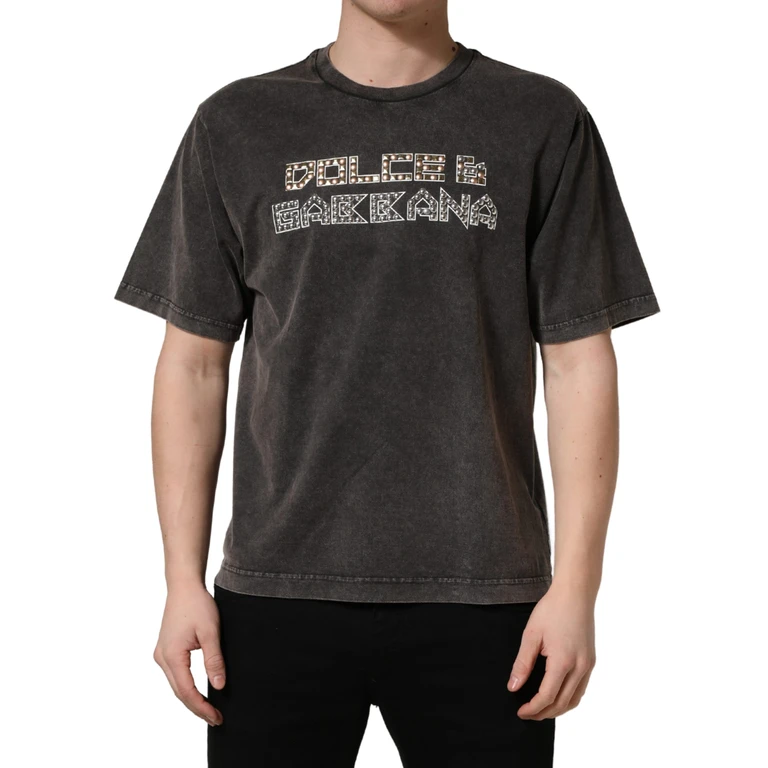 Dolce & Gabbana Gray Logo Embellished Men Crew Neck T-Shirt Cotton - Men