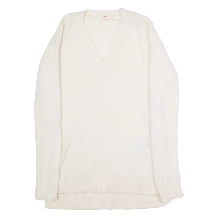 LEVI'S Womens Jumper Cream V-Neck Tight Knit Wool S