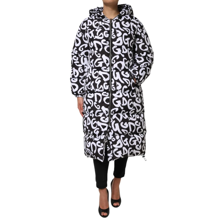 Black White Dg Mania Hooded Long Coat Jacket Black/white Polyester Clothing - Women