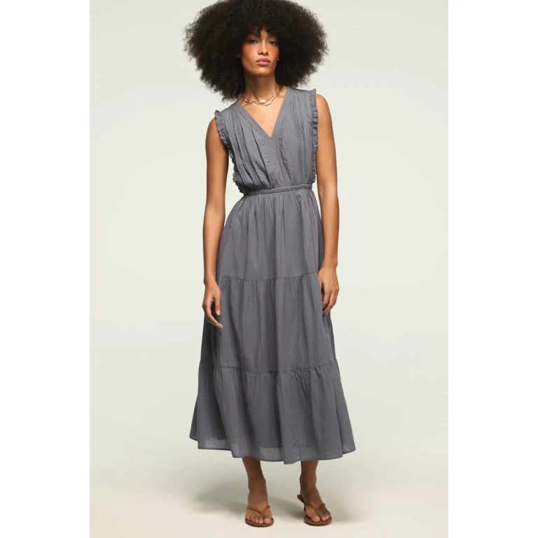 Women's Lace Trim Tiered Midi Dress - Grisaille