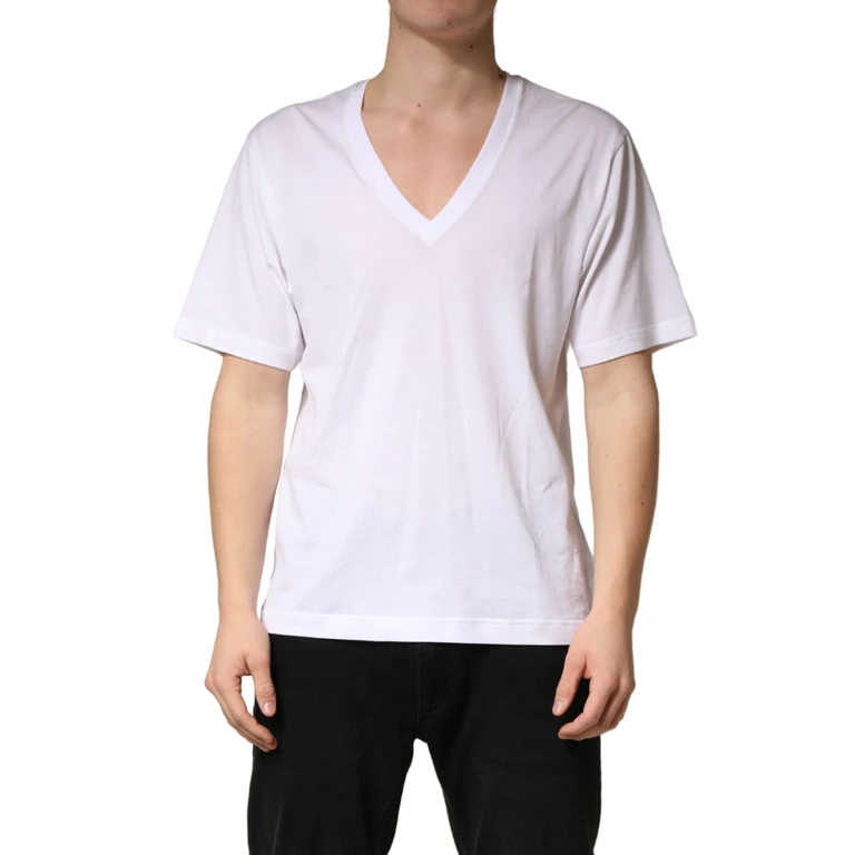 Dolce & Gabbana White Cotton Plain V-Neck Men Shirt T-Shirt - Men
