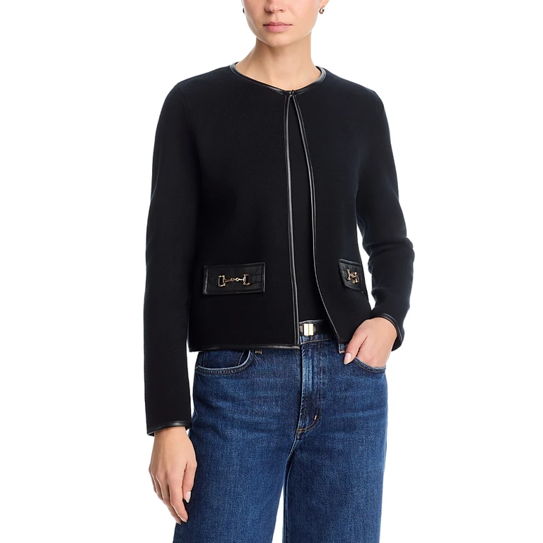 Sioni Faux Leather Trim Cardigan