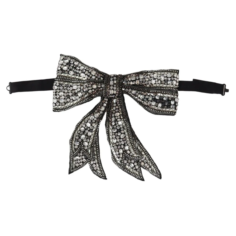 Dolce & Gabbana Silver Crystal Beaded Sequined Catwalk Necklace Bowtie Silk - Women
