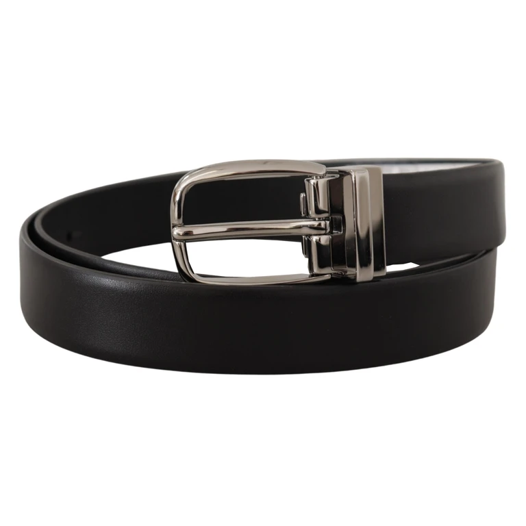 Dolce & Gabbana Black Leather Silver Metal Chrome Logo Buckle Belt - Men