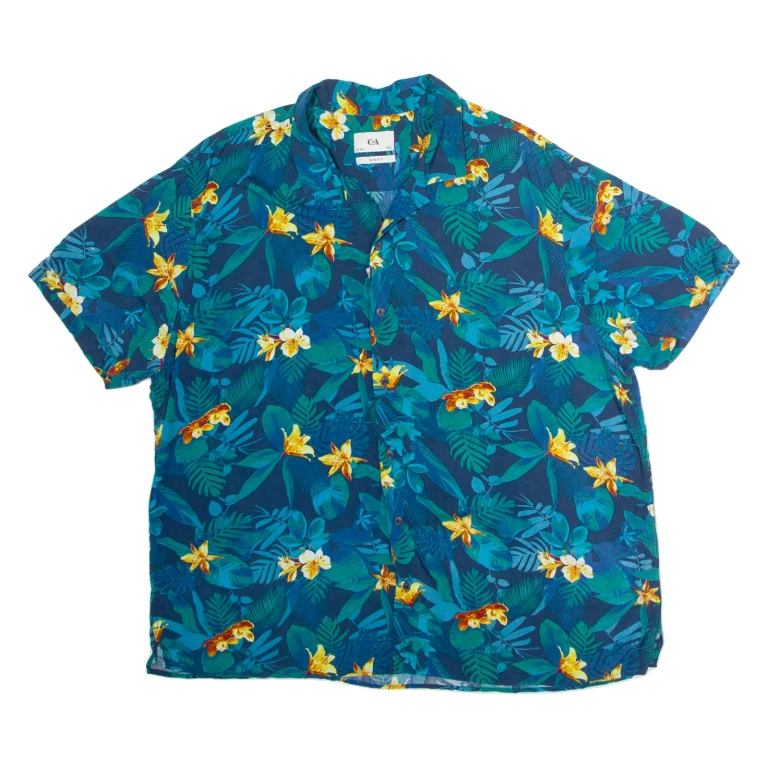 C&A Slim Fit Mens Hawaiian Shirt Blue Viscose Floral 2XL