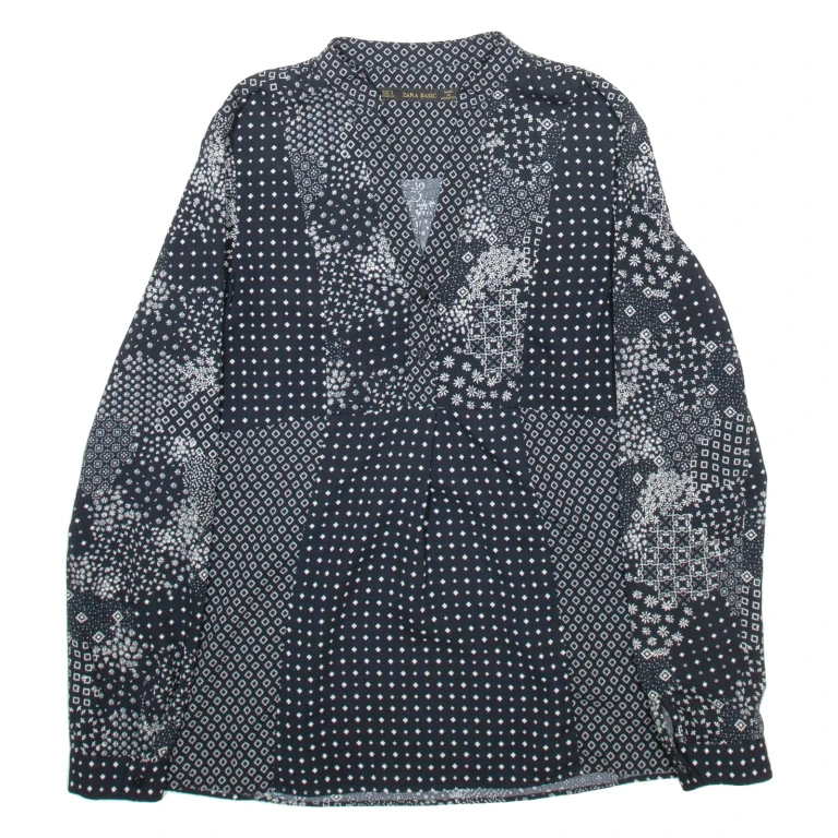 ZARA BASIC Womens Printed Blouse Black V-Neck Long Sleeve Crazy Pattern S