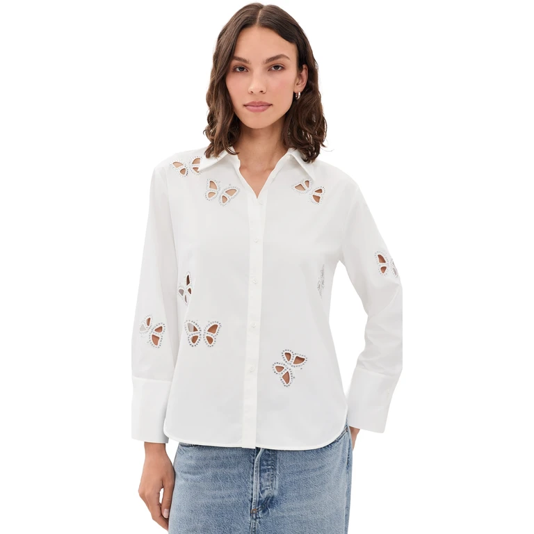 ALICE + OLIVIA Finely Embellished Cutout Button Down Shirt Off White/Silver Crystal S