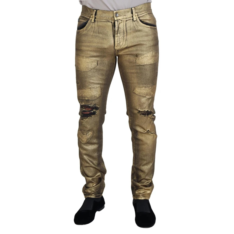 Dolce & Gabbana Gold Cotton Tattered Skinny Men Denim Jeans Elastane Clothing - Men