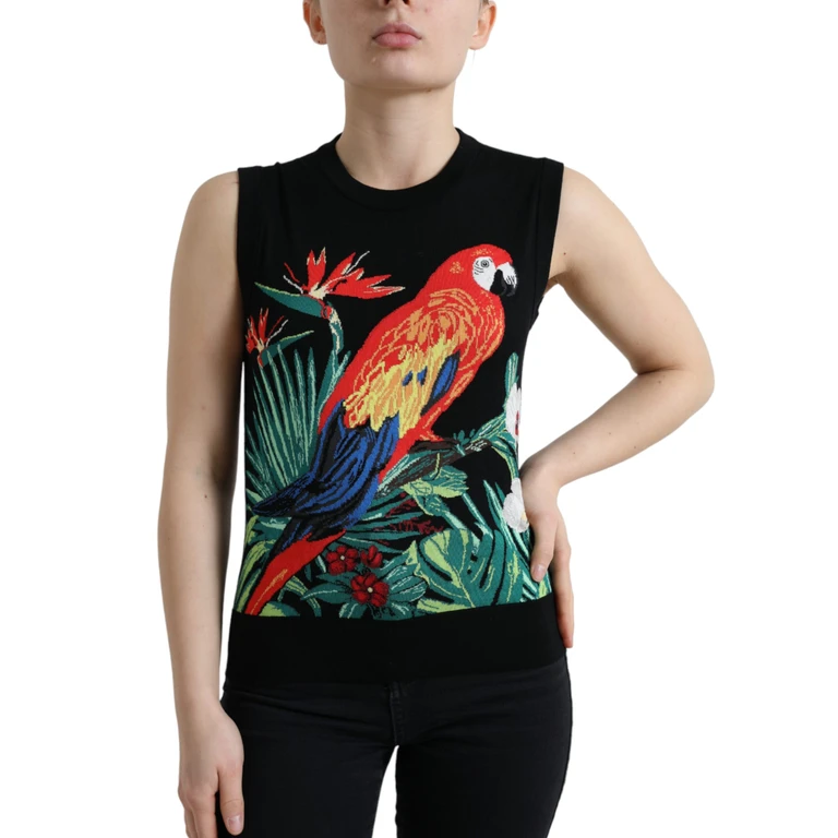 Black Bird Wool Knit Sleeveless Tank T-Shirt Virgin Silk - Women