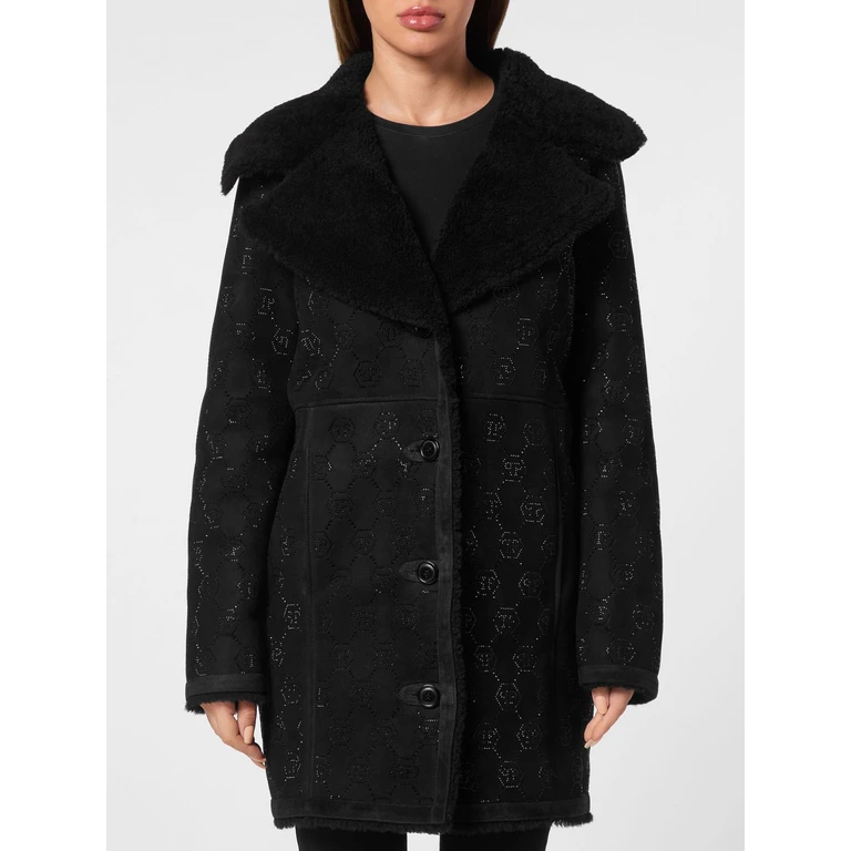 Single-Breasted Shearling Coat with Rhinestone Hexagon Logo (AADCWLA0068PFU020N02)