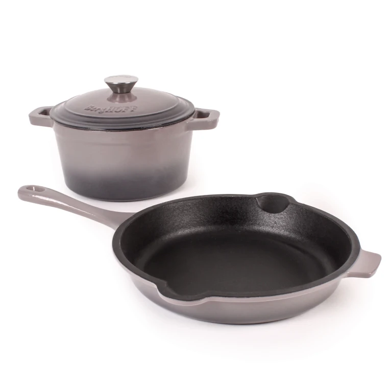 Neo 3pc Cast Iron Cookware Set, Fry Pan & Round Dutch Oven, Oyster