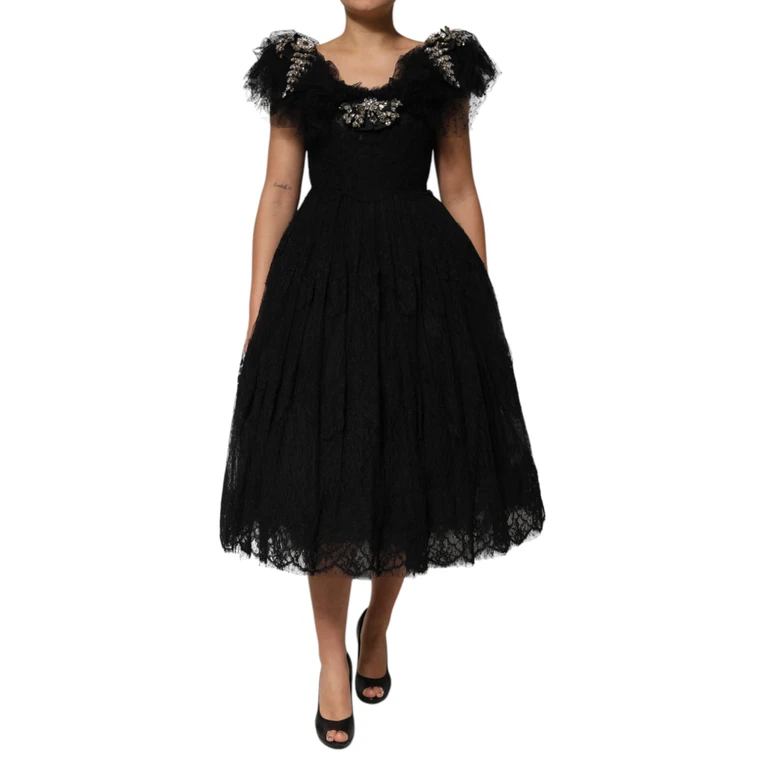 Black Crystal Embellished Midi A-Line Dress Acetate - Women
