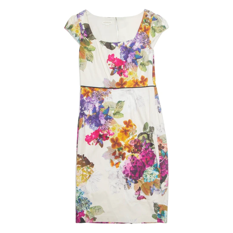 MONSOON Womens Pencil Dress Cream Floral Short Sleeve Midi UK 12