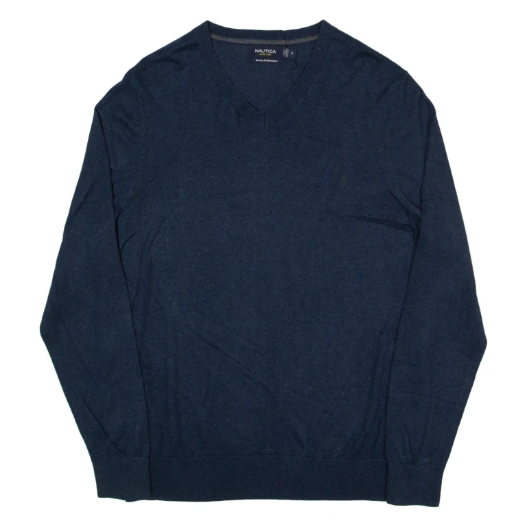 NAUTICA Jumper Blue Tight Knit V-Neck Mens M