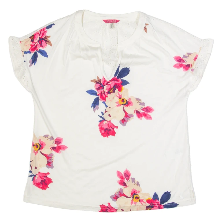 JOULES Womens Printed Top White V-Neck Floral UK 12