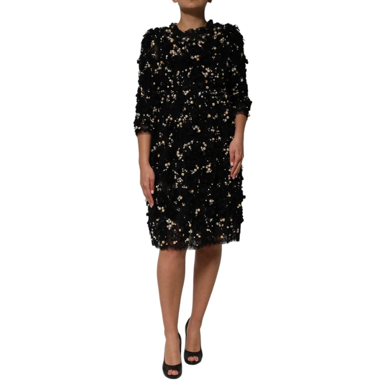Black Viscose Pearl Embellishment Shift Dress Glass Nylon Me Silk - Women