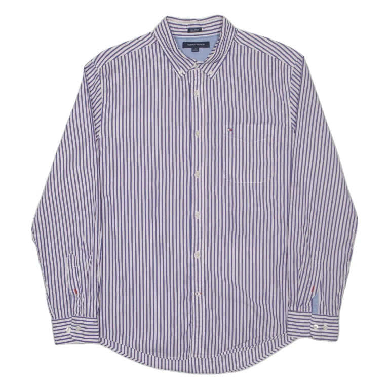 TOMMY HILFIGER 80's 2 ply Mens Shirt Blue Pinstripe Long Sleeve L