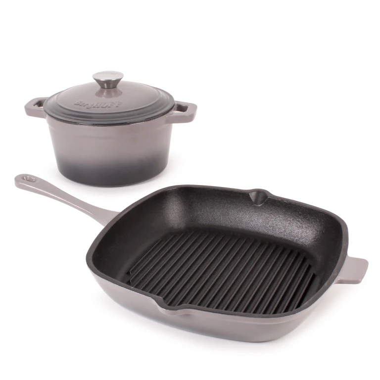 Neo 3pc Cast Iron Cookware Set, Grill Pan & Round Dutch Oven, Oyster