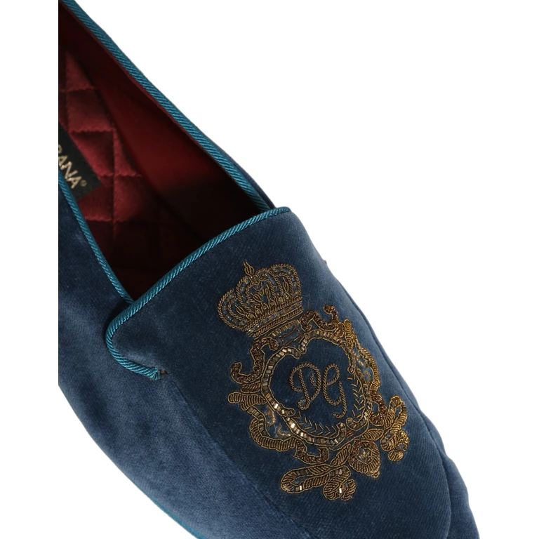 Dolce & Gabbana Blue Velvet Crown Embroidery Loafers Shoes Leather - Men
