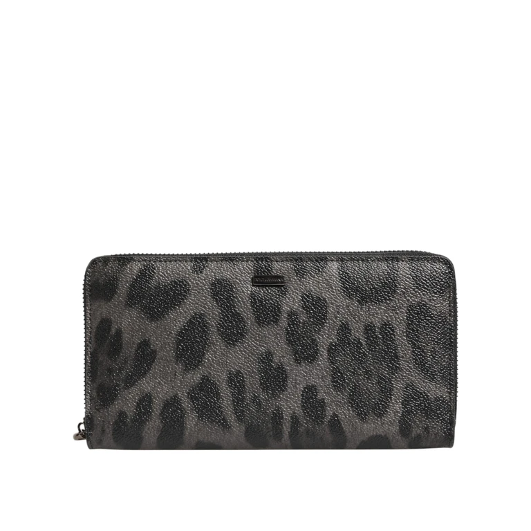 Dolce & Gabbana Black Gray Leopard Leather Zip Around Continental Wallet And Pvc Pl Co - Men