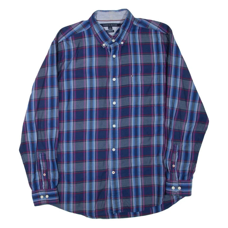 TOMMY HILFIGER Mens Shirt Blue Check Long Sleeve L