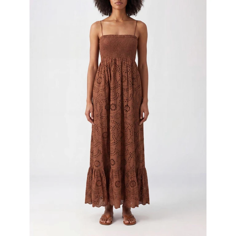 Flared Long Dress in Broderie Anglaise with a Square Neck (JME00209200L)