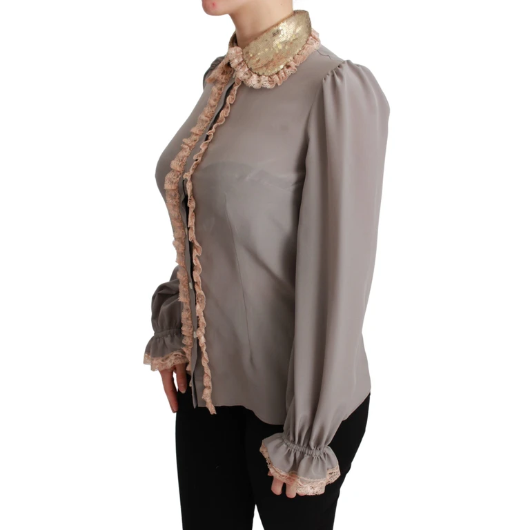 Dolce & Gabbana Gray Silk Gold Sequin Lace Blouse Shirt - Women