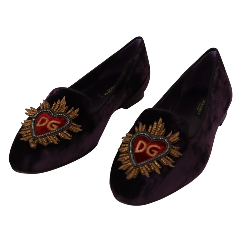 Dolce & Gabbana Purple Velvet Dg Heart Loafers Flats Shoes Viscose Silk - Women