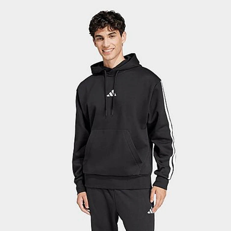 adidas Men's Essentials 3-Stripes Fleece Pullover Hoodie in Black/White Size: XS