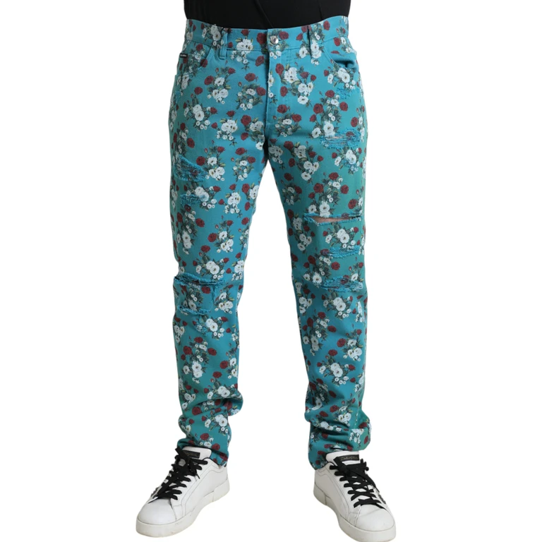 Dolce & Gabbana Blue Floral Print Skinny Cotton Denim Pants - Men