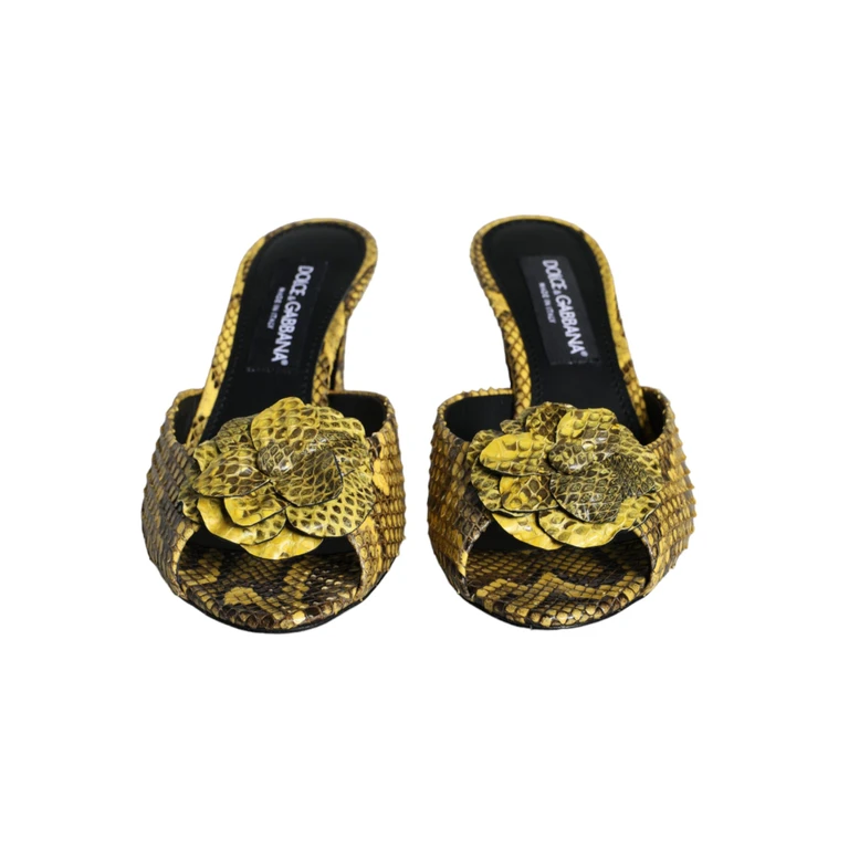 Yellow Leather Block Heels Slides Shoes Python - Women