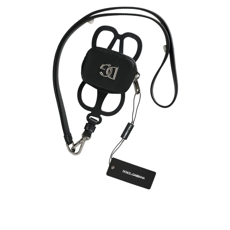 Dolce & Gabbana Black Calfskin Leather Dg Logo Coin Purse Lanyard Wallet Calf - Men