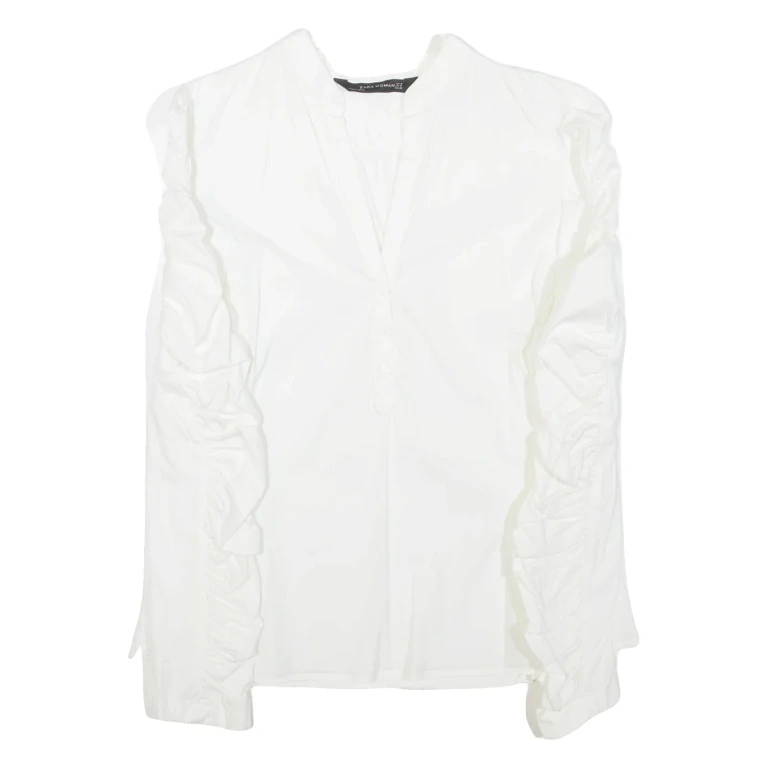 ZARA Womens Ruffle Shirt White V-Neck Long Sleeve S