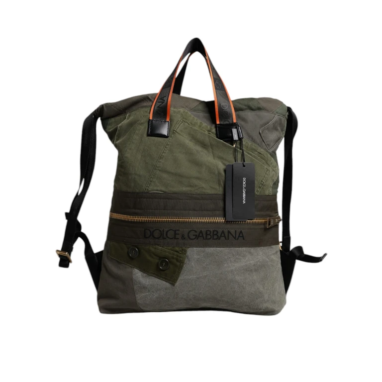 Dolce & Gabbana Military Green Patchwork Rucksack Backpack Bag Cotton Calf Leather Nylon - Men (BAG4340)