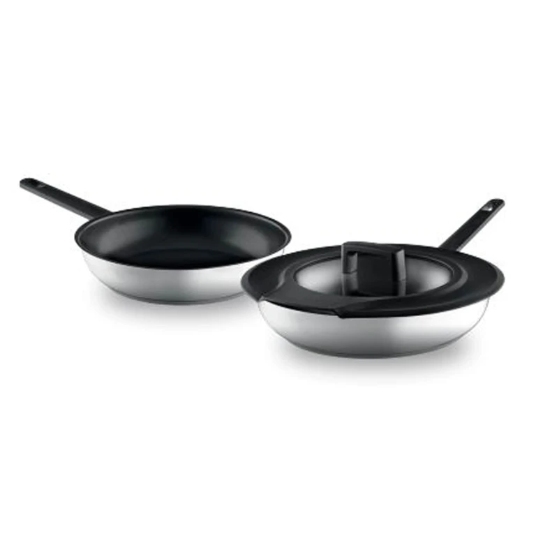 GEM 3Pc Downdraft 18/10 Stainless Steel Fry Pan Set, Black Handles