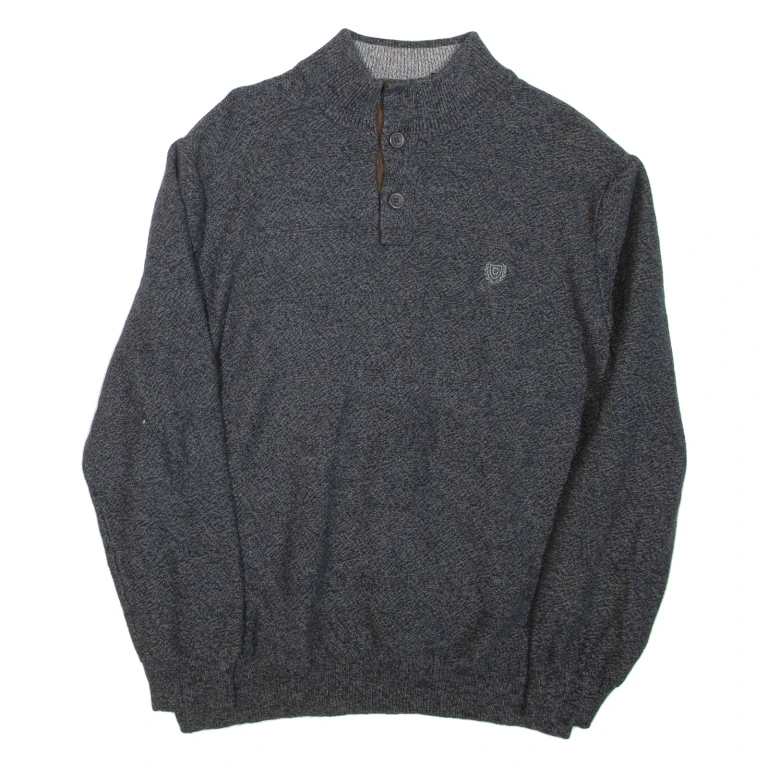 CHAPS Mens Jumper Grey Button Neck Tight Knit L