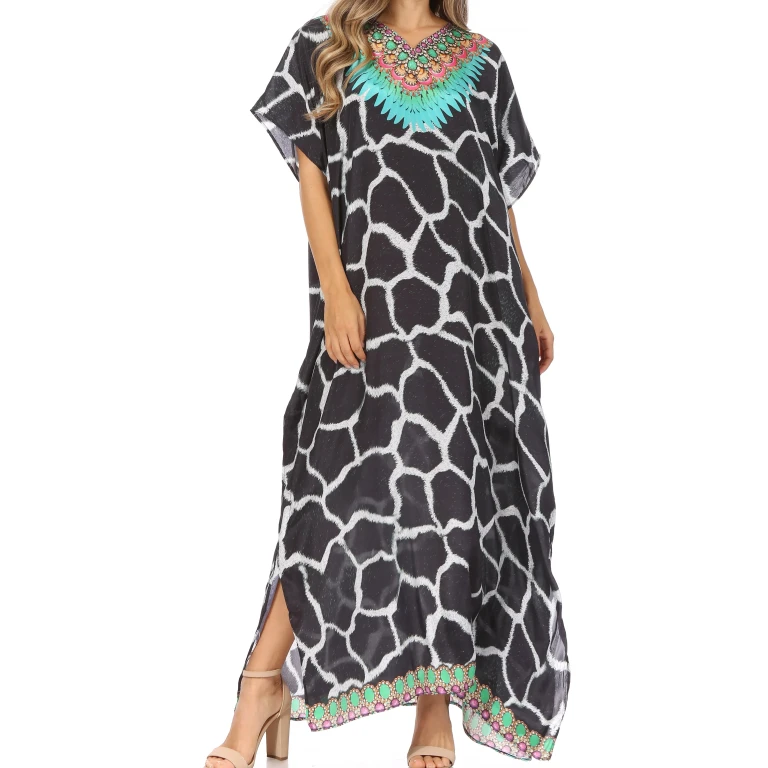 Sakkas Vicky Women's Casual Long Print Short Sleeve Petite Beach Maxi Caftan Dress - Buy One Get One Free