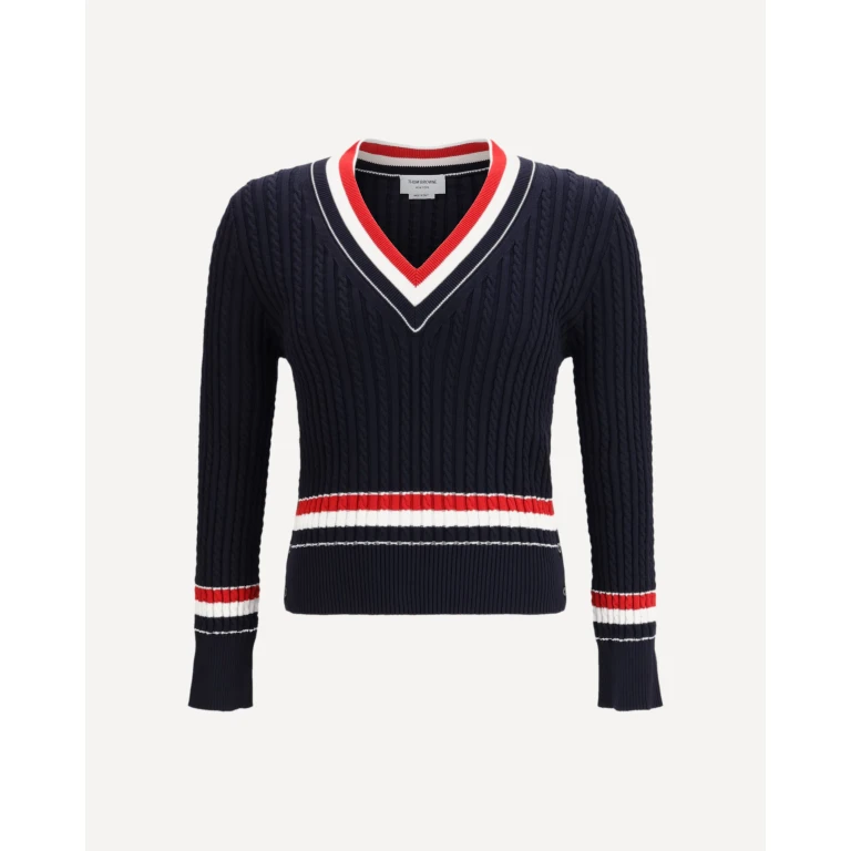 Suéter de punto trenzado con cuello en V e intarsia de Thom Browne