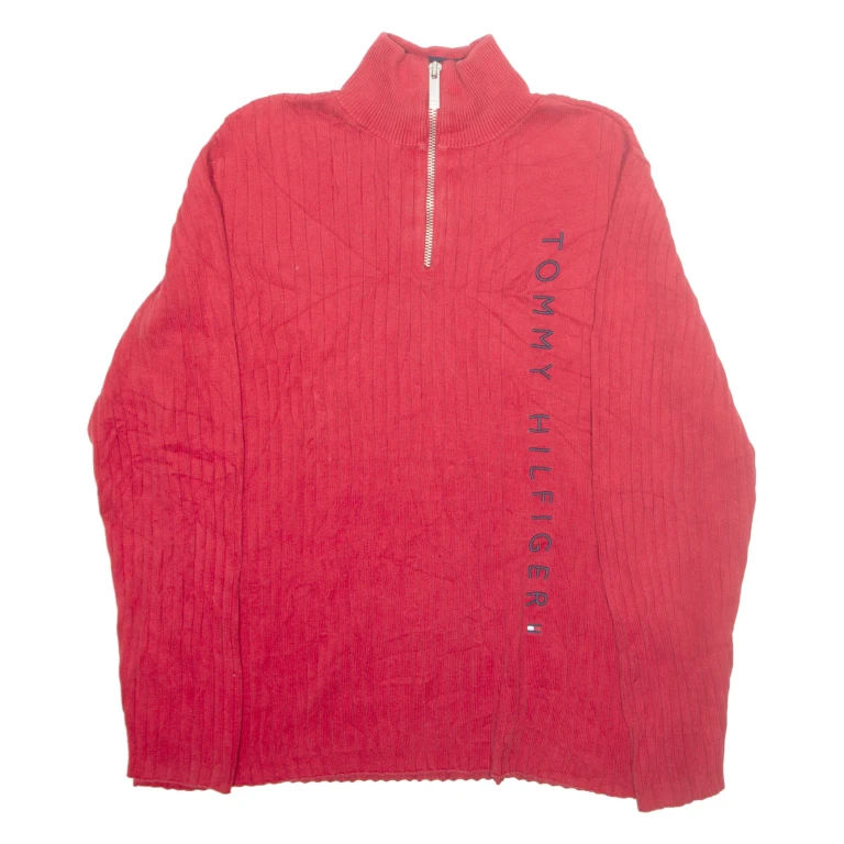 TOMMY HILFIGER Womens Jumper Red 1/4 Zip Tight Knit M
