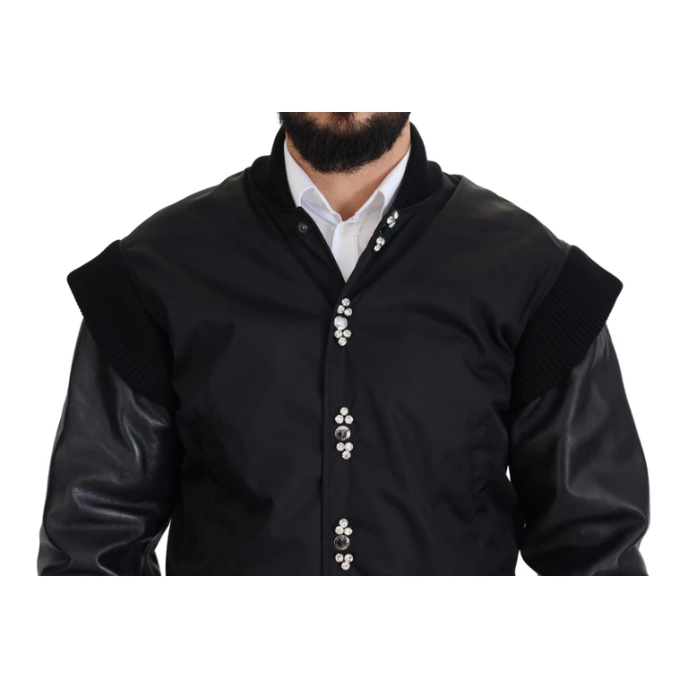 Black Nylon Crystals Coat Buttons Jacket Clothing - Men