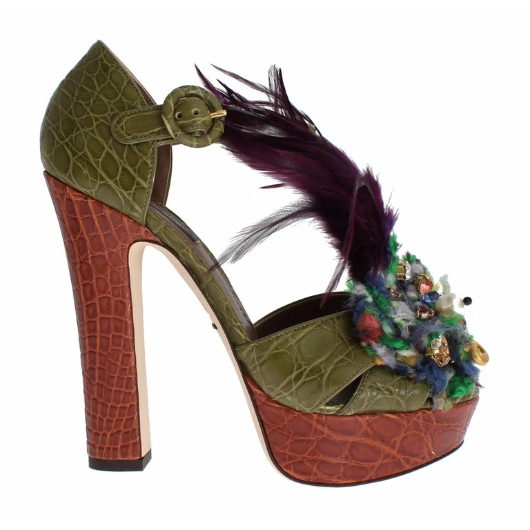 Dolce & Gabbana Green Leather Crystal Platform Sandal Shoes - Women